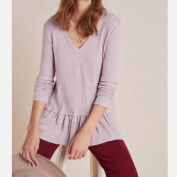 Anthropologie Eri + Ali Tallie Waffle Thermal Peplum Top Size L - Picture 1 of 6